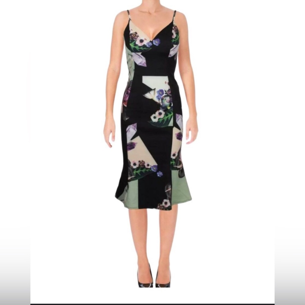 Bariano Black floral Tulip hem Midi Dress size Medium NWT